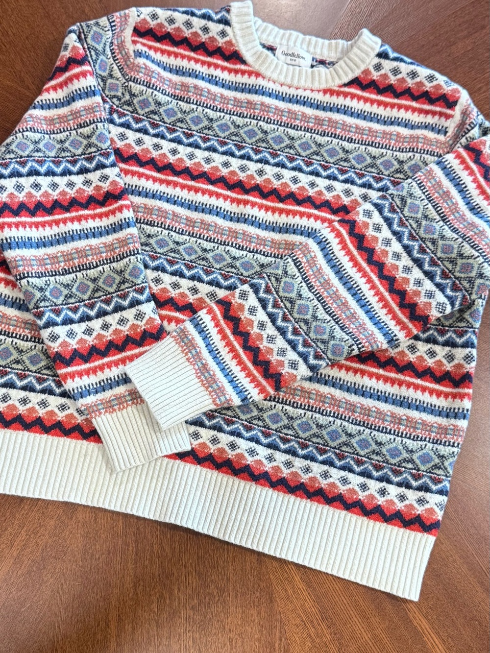 Goodfellow & Co Cream Fair Isle Crewneck Sweater with Red & Blue Accents